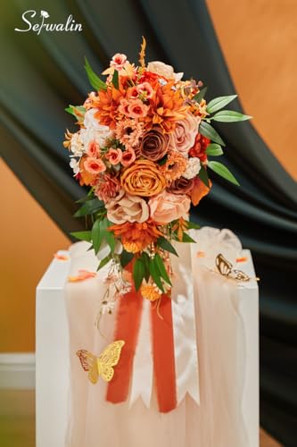 Serwalin 9.8 Inch Burnt Orange Wedding Bouquets for Bride and Bridesmaid, Orange Rose Bridal and Fall Bouquets - color: Burnt Orange