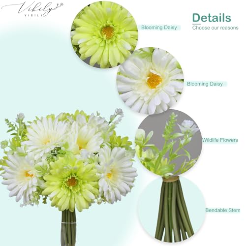 Lifelike Artificial Daisies 24pcs, Fake Wildflowers Bouquet for Vase, No-Fade Silk Spring Flowers for Home Table Decor Living Room Kitchen Centerpiece (Green - 2 Bouquets)
