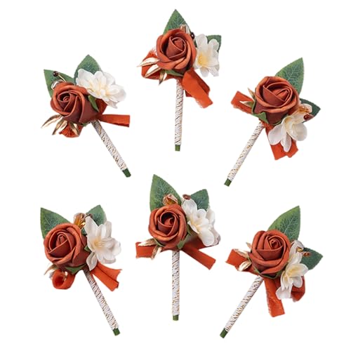 6Pcs Burnt Orange/Terracotta Faux Foam Rose Boutonnieres for Men | Artificial Rose Boutonnieres for Men Wedding Prom Groom Groomsmen Homecoming Party Suit Decoration - color: Orange Corsage