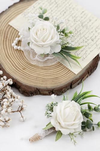 Ansofi Ivory White Corsage and Boutonniere Set Artificial Rose Flower Wrist Corsage and Boutineers for Groom Groomsmen Bride Bridesmaids Prom Rustic Vintage Wedding Decor - color: Ivory White