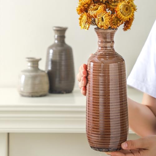 Ceramic Vases Set of 3, Neutral Rustic Farmhouse Vases Home Decor Decorative Flower Vase Modern Boho Pampass Vase for Table Mantel Entryway Shelf Living Room Kitchen Bathroom - Brown - color: 011 Vase Set - Brown