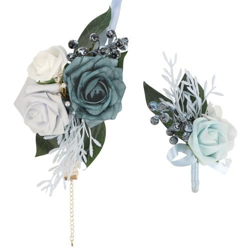 2Pcs Wedding Corsage and Boutonniere Set Blue Rose Corsage Wristlet and Boutonniere for Men Women Groom Bride Bridesmaid Groomsmen Wedding Party Accessory Prom Decoration (Blue) - color: Blue