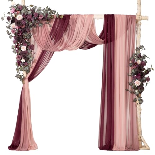 Ling's moment Wedding Arch Flowers with Sheer Drapes Kit - Artificial Deep Plum Floral Arrangements for Ceremony Backdrop, Arbor Decor, 5-Piece Set (2 Flower Stems + 3 Hanging Drapes) - color: Prpl-deep Plum