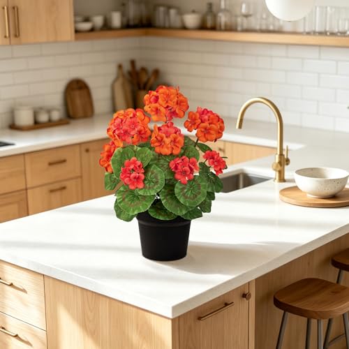 Briful 15.7in Artificial Geranium Plant in Black Pot, Orange Faux Potted Flowers, Real Touch Geraniums for Indoor Outdoor Decor, Table Centerpiece Farmhouse Home, Office, Porch & Living Room Decor - color: Orange#586