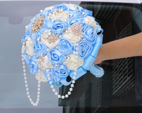 Light Blue Bridal Wedding Bouquet with Rhinestone Brooch Pearl String Cascade Bouquet for Bride Bridesmaid Quinceanera Satin Rose Flower Bouquet Wedding Light Blue and Ivory 9.8in - color: Light Blue & Ivory, size: Extra-large (DIA. 9.8"/25cm)