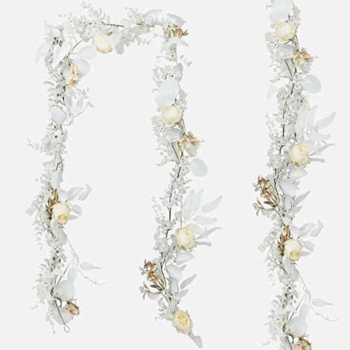 CQURE 2Pack Eucalyptus Garland,Artificial Eucalyptus Leaves Flowers Table Greenery Garland Wreath Vines for Wedding Party Fireplace Bedroom Room Decor - size: 17.7 Ft with Flowers -White