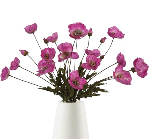 IPOPU Artificial Poppies 6PCS Fuschia Silk Flowers with Stems Hot Pink Poppies Flowers Artificial Realistic Floral Arrangements for Wedding Centerpieces Home Table Party Decor (Fuschia) - color: Fuschia