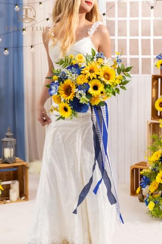TINGE TIME 13 InchWedding Bouquets for Bride,Bridal Bouquet for Bride, Artificial Silk Sunflowers for Graduation Bouquet, Fake Flowers for Wedding Ceremony and Anniversary (Sunflower&RoyalBlue) - color: Sunflower & Royal Blue