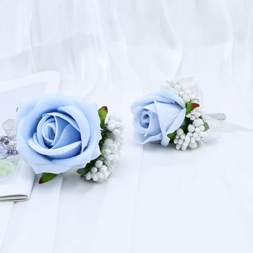 2Pcs Light Blue Rose Corsage and Boutonniere Set, Artificial Wrist Corsage Wristlet Bracelets, Men Boutonniere for Wedding Party Homecoming Formal Dinner Flowers Accessories Prom Suit Decor - color: Light Blue