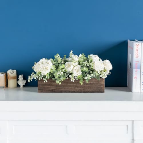 Dahey Centerpiece Table Decorations for Dining Room Farmhouse Living Room Wood Tray with 3 Artificial Flowers and 2 Eucalyptus for Kitchen Table, 14.1" x 4.7" x 3.1", White - color: White