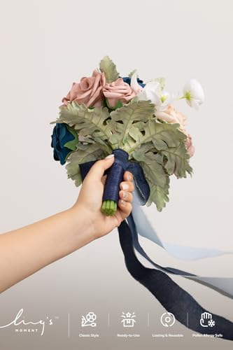 Ling's moment Navy Blue Bridesmaid Bouquets Set of 4, Dusty Rose Artificial Wedding Flower Bouquets Floral Bouquet Bridesmaid Bouquets with Ribbon, Ceremony,Anniversary,7-inch Diameter - color: Pk-dusty Rose & Navy