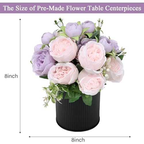 Pre-Made Flower Table Centerpieces, Set of 6 Artificial Silk Peonies with Black Vases for Wedding Reception, Modern Floral Decor for Birthday Party, Anniversary Ceremony - Lilac & Light Pink - color: Lilac & Light Pink