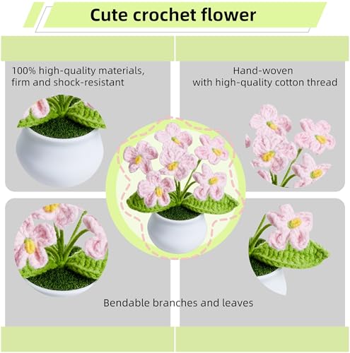 Crochet Flowers Cute Light Pink Handmade Knitted Potted Flower Gifts for Women Teacher Coworkers Birthday Anniversary Valentines Decorationsfor Car Dashboard Home Room Office Desk Plants Decor - color: Light Pink