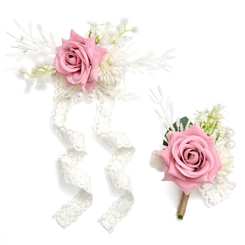 Serwalin Pink Corsage and Boutonniere Set, Boutonniere for Men and Wrist Corsage Wristlet Prom Homecoming Wedding Flowers Accessories Party Suit Decorations - color: Pink, size: 1 Boutonniere & 1 Wrist Corsage - 2pcs