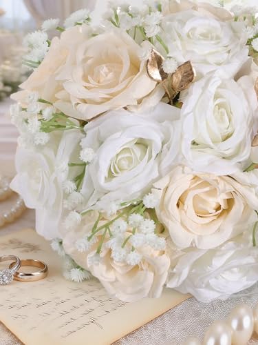 Wedding Bouquets for Bride & Bridesmaid, 9 Inch Artificial Rose Bridal Bouquet, Ivory White & Champagne Silk Flowers for Wedding Ceremony, Church, Party Decoration (White Champagne) - color: White Champagne