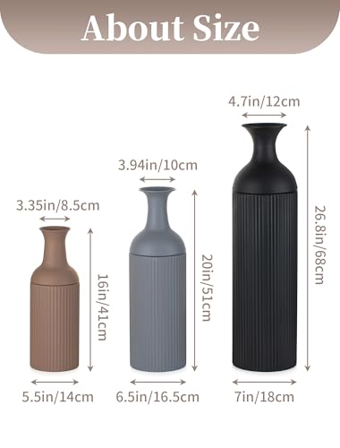 Sziqiqi Metal Tall Floor Vase: Tricolor Large Ribbed Floor Vasess 27/20/16in for Living Room - Farmhouse Earth Tones Vases for Pampas Grass - Oversized Standing Vase for Fireplace Home Corner Hallway - color: Earth Tone