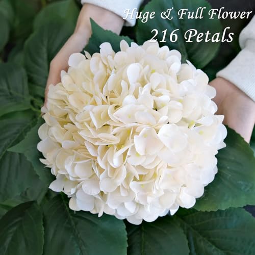 JINWOE Boho Silk Hydrangea Artificial Flowers, 4Pcs 22" Large Lifelike Flowers,Artificial Hydrangeas for Indoor Bouquet Table Centerpieces Home（Cream/Yellow） - color: Cream