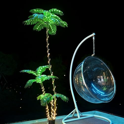 Solar Artificial Palm Tree Christmas Tree 7Ft 3Trunks 260LED Lighted Simulation Tropical Palm Tree Fake Plant Light for Patio Home Office Beach Yard Cruise Party Tiki Bar Decorations - style: 7FT Solar