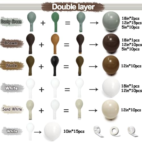 Dusty Green Nude Balloon Arch Double Stuffed Sage Green Brown Beige White Sand Cream Balloon Garland Kit for Neutral Baby Shower Birthday Wedding Woodland Wild One Dinosaur Fall Boho Party Decor - color: Dusty Green Nude