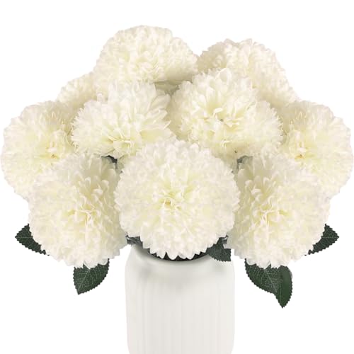 Hananona 12 Pcs Artificial Chrysanthemums Flowers Ball Flower, Fake Mums Flowers White Silk Flowers for Spring Home Decor Indoor Floral Arrangement Table Centerpiece (12, White) - color: White