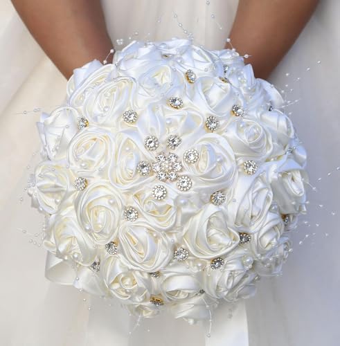 Ujicde Romantic Wedding Bouquet Bridal Bridesmaid Round Bling Brooch Bouquet Throw Toss Artificial Rose Flower Bunch with Sparkle Rhinestone Crystal Decoration(Ivory,Dia. 6.3"*16cm) - color: Ivory, size: Dia. 6.3"*16cm