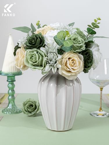 FANKO Artificial Flowers for DIY, Green White Cream Faux Flowers Bouquet, Fake Rose Silk Flowers for Vase, Home Decor, Garlands, Greenery-Themed Wedding, Party, Housewarming - color: Green & Gray