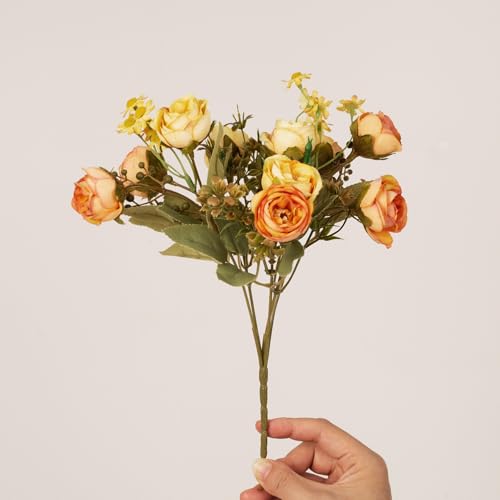 5 Pcs Fake Flowers in Vase Artificial Flower Arrangement Faux Peony Flowers for Home Decor Wall Decoration (Orange Yellow) - color: Orange Yellow