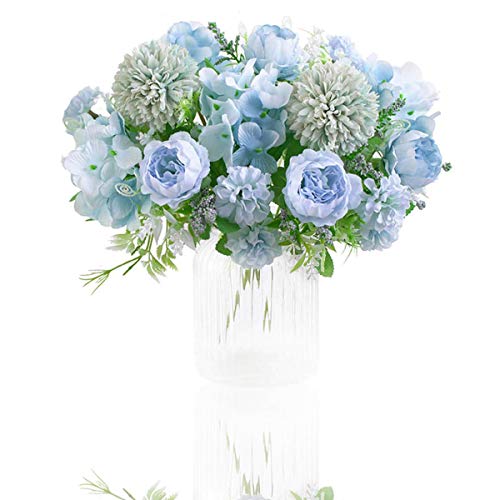 Artificial Flowers, Fake Peony Silk Hydrangea Bouquet Decor Plastic Carnations Daisy Realistic Flower Arrangements Wedding Decoration Table Centerpieces,for Home Office Party Decor 2 Pcs(Blue) - color: 2 Bundles Blue Fake Flower
