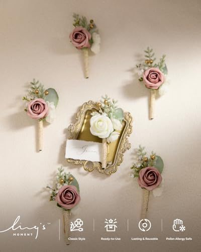 Ling's moment Boutonniere for Men, 6pcs Groom Groomsmen Boutonniere, Artificial Flowers for Wedding Decor/Prom/Homecoming, etc.Pink Dusty Rose - color: Pk-pink & Dusty Rose