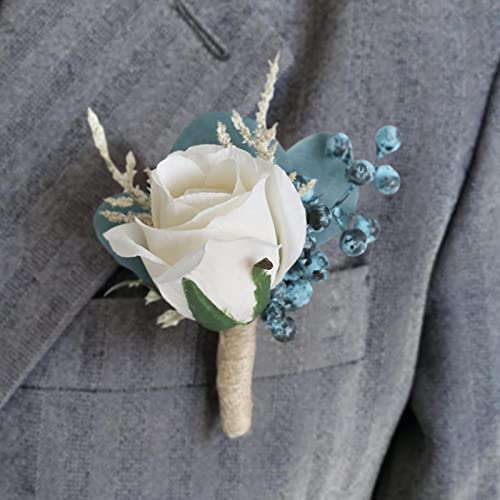 MOJUN Wedding Wrist Corsage Boutonniere Set Artificial Rose and Handmade Silk Bride Wrist Corsage and Men Boutonniere Set for Wedding Party Prom Decorations, Dusty Blue - color: Corsage and Boutonniere Set