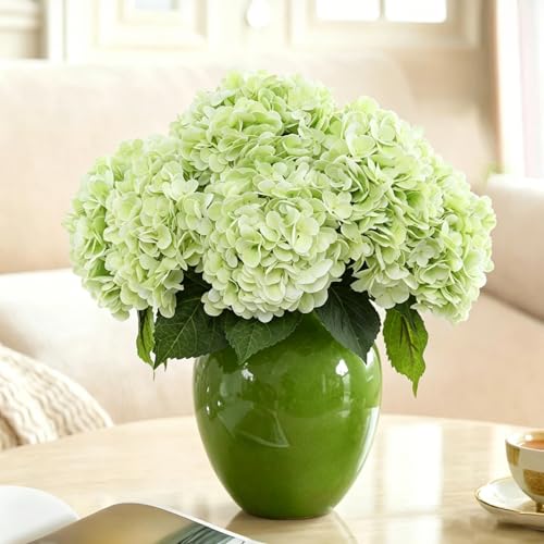 LFF 3Pcs Light Green Hydrangea Artificial Flowers, 8.66" Large Real-Touch Latex Blooms with 22" Long Stems, Faux Hydrangea for Outdoor Planter Indoor Home Table Centerpieces Wedding Decor Bouquets - color: Light Green