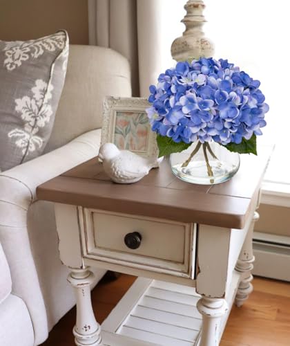 Hollyone Blue Hydrangea Artificial Flowers with Vase Silk Blue Hydrangeas Fake Flowers Arrangements Floral Bulk Bouquet in Glass Vase with Faux Water for Bathroom Table Centerpiece Home Decorations - color: Hydrangea, Slate Blue