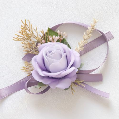 Alizeal 2Pcs of Wrist Corsage and Boutonniere Set, Artificial Flowers Accessories Suit Decor for Wedding Prom Party Homecoming Ceremony, Pale Purple - color: 701-pale Purple