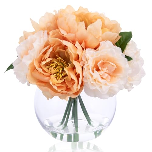 Artificial Flowers in Vase, Silk Peonies Flower Bouquet with Faux Water, Apricot & Champagne Fake Flower Arrangement for Spring Home Decor Wedding Party Dining Table Centerpiece & Mom's Birthday Gift - color: Apricot & Nude