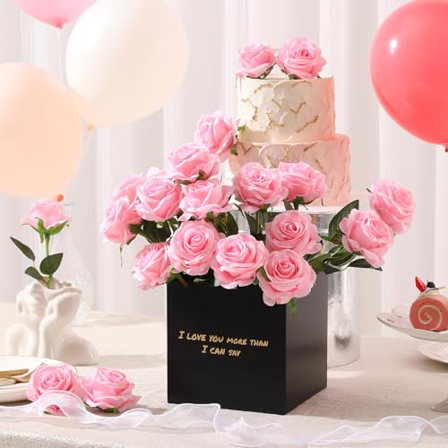 Tifuly Pink Roses Artificial Flowers - 12 pcs Realistic Single Long Stem Fake Silk Roses Bouquet for Party Home Wedding Centerpiece Office DIY Decor - color: Pure Pink