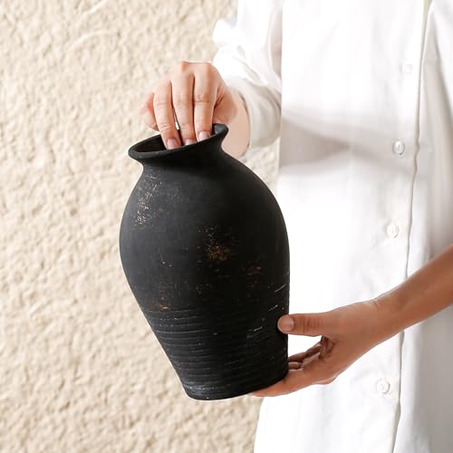 Black Ceramic Flower Vase, 9.17 Inch Pottery Rustic Vase for Shelf,Tabletop, Vintage Farmhouse Home Decor for Coffee Table, Living Room,Mantle, Fireplace, Entryway - color: Black Gold 9.17 Inch