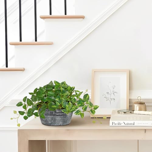 Artificial Plants Indoor 5.9" Faux Plant in Metal Pot, Small Fake Potted Plants with 2 Mixed Leaves Greenery Silk Plant for Living Room Desk Office Table Kitchen Farmhouse Shelf Home Vintage Decor - color: Green, size: 6'' Metal Pot