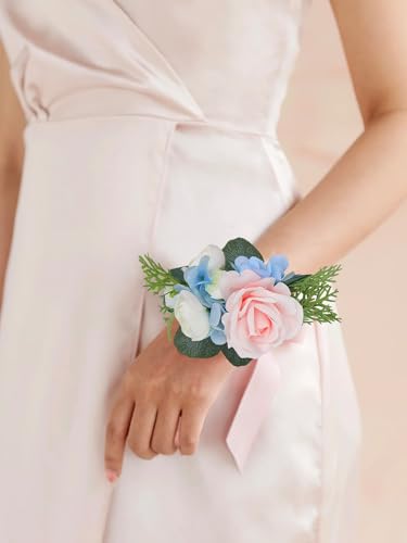 Rinlong 2Pcs Pink Blue Wrist Corsage for Wedding, Prom, Homecoming | Bridesmaid, Mother of the Bride Corsage - color: 11-blue & Blush