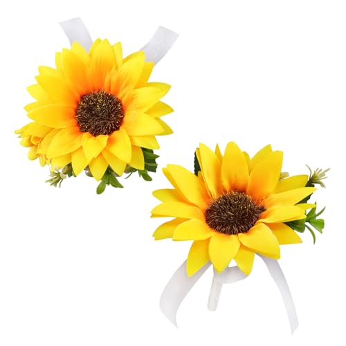 Alizeal 2Pcs of Wrist Corsage and Boutonniere Set, Artificial Flowers Accessories Suit Decor for Wedding Prom Party Homecoming Ceremony, Sunflower - color: 701-sunflower