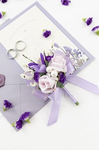 Purple Rose Corsage and Boutonniere Set, Prom Flower Wrist Corsage Wristlet Band Bracelet, Boutonniere for Men Lavender Wedding Flowers Accessories Prom Suit Decorations - color: Purple