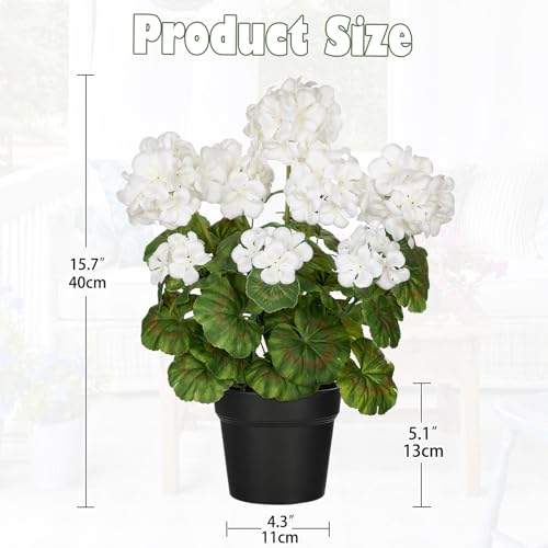 Briful Artificial Geranium Potted Plant – 16” Tall, Realistic Silk Flowers with Vibrant Green Leaves, White Geraniums Fake Flowers for Outdoors Home Décor, Wedding Farmhouse Office Tables Decor - color: White