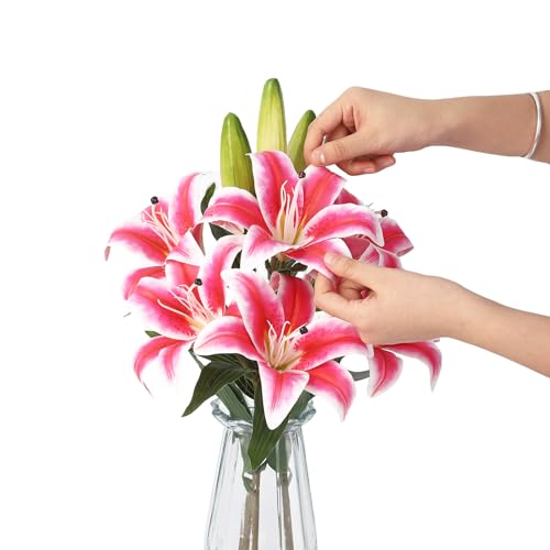 6 Pcs Artificial Lily Flowers with Glass Vase, 19.7" Faux Stargazer Lily Stems with 2 Blooms and 1 Bud Each, Faux Tiger Bouquets for Home, Hotel, Party Flower Arrangement Decor (Magenta Red) - color: Magenta Red, size: Lily