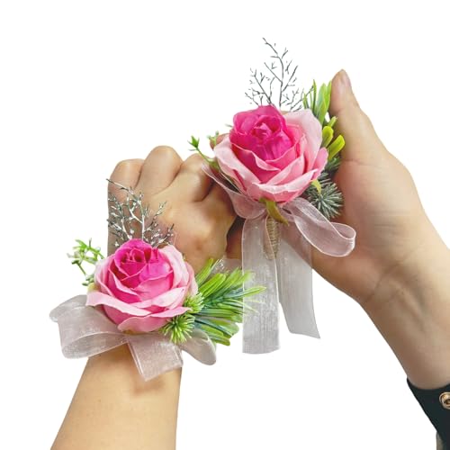 Rikyo Rose Wrist Corsage Wristlet Band and Men Boutonniere Set, Corsage for Prom,Bride Hand Flower,Wedding Flowers Ceremony,Wedding Party Prom Decor,Handmade Petals Hair Hat Wreath (Deep Pink) - color: Deep Pink