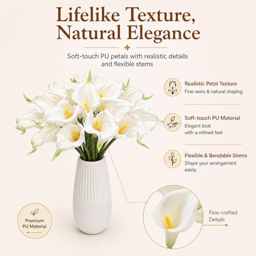Mandy's 20pcs White Calla Lily Artificial Flowers | 13.5 Inch PU Realistic Bouquet for Vase Elegant Home Decor Centerpiece Wedding Bridal Bouquet Table Decoration - color: White