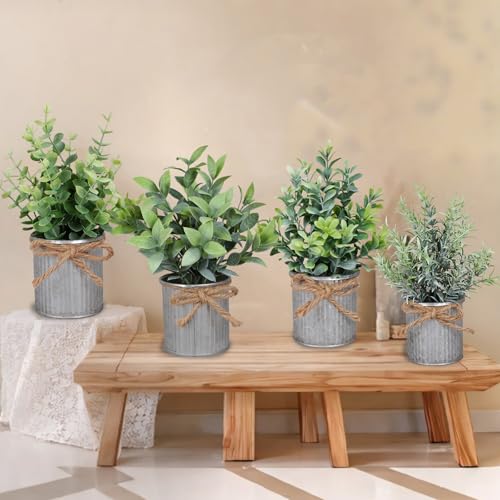 Yoratee Small Artificial Plants Set of 4 Fake Potted Plant with Iron Pot Mini Greenery Decor for Indoor Home Porch Garden Bathroom Décor - color: Silvery
