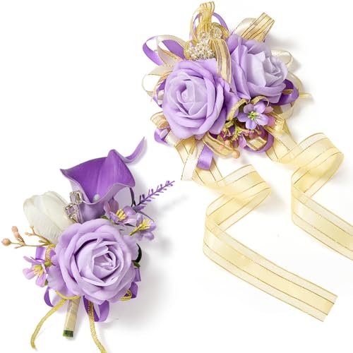 Serwalin Prom Corsage and Boutonniere Set Purple, Prom Flower Wrist Corsage Wristlet for Homecoming, Formal Dance, Wedding Flowers Lavender Accessories Party Suit Decorations - color: Purple