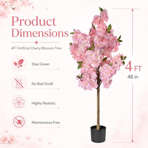 Set of 2 Artificial Cherry Blossom Trees 4FT, Faux Pink Sakura Blossom Flower Tree with Secure Heat-Fused Petals & Base, Realistic Potted Fake Plants for Home Office Wedding Indoor Decor - color: Cherry Blossom Tree 2p Pink