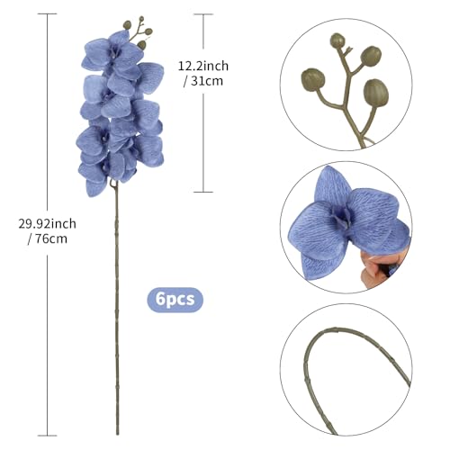 6 Pcs Blue Artificial Phalaenopsis Orchid Flowers 30" Velvet Silk Faux Orchid Stems Tall Fake Orchid Plants for Bathroom Office Wedding Party DIY Floral Arrangements (Blue) - color: Blue