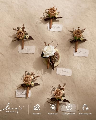 Ling's moment Boutonniere for Men, 6pcs Groom Groomsmen Boutonniere, Artificial Flowers for Wedding Decor/Prom/Homecoming, etc.Sand Beige White - color: Brn-sand Beige & White