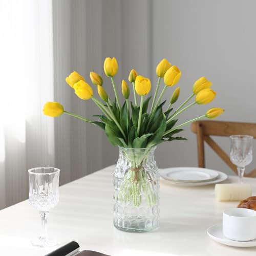 15 Pcs Yellow Artificial Tulips Fake Flowers, Premium Latex Lifelike Texture, UV Resistant Waterproof Faux Tulip Bouquets with Snap-on Petals for Outdoor, Home, Wedding Decor - color: Yellow